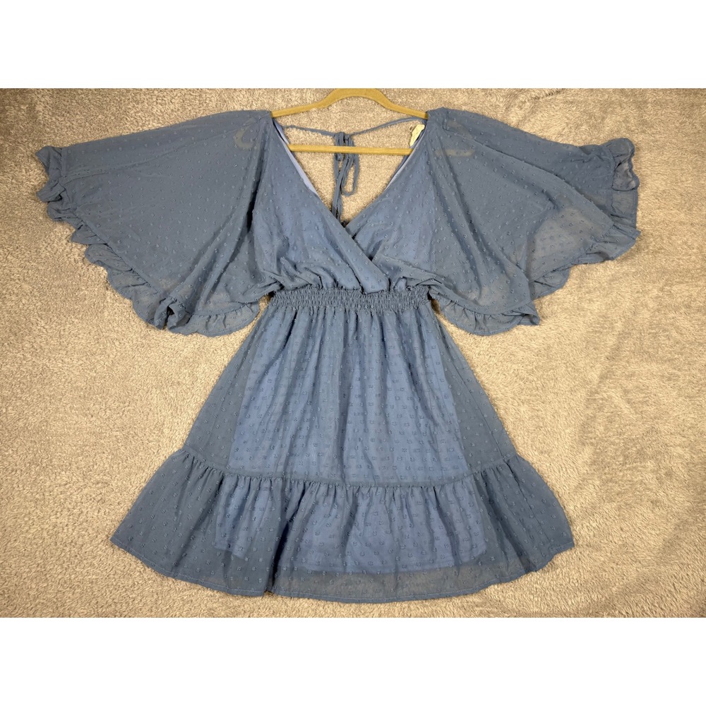 Altar'd State Mini Dress Womens Small Blue Good Swiss Dot Flutter Sleeve Boho‎